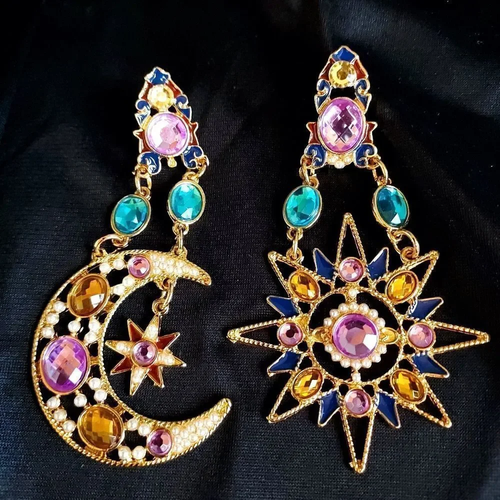 CRYSTAL PEARL CELESTIAL MOON AND SUN STAR DANGLE EARRINGS